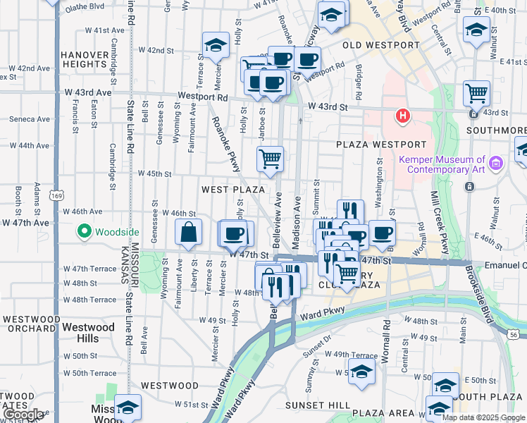 map of restaurants, bars, coffee shops, grocery stores, and more near Roanoke Parkway in Kansas City