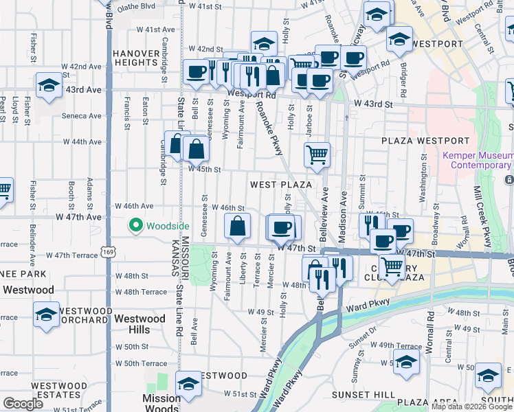 map of restaurants, bars, coffee shops, grocery stores, and more near 4535 Terrace Street in Kansas City