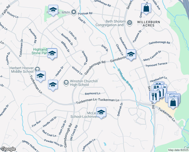 map of restaurants, bars, coffee shops, grocery stores, and more near 11617 Regency Drive in Potomac