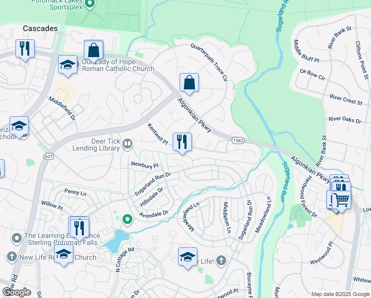map of restaurants, bars, coffee shops, grocery stores, and more near 47061 Kentwell Place in Sterling