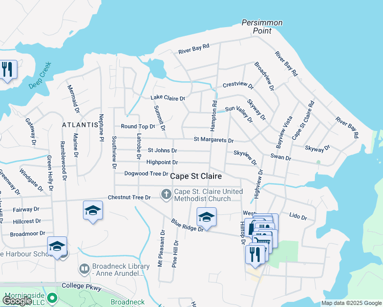 map of restaurants, bars, coffee shops, grocery stores, and more near 987 Saint Johns Drive in Annapolis