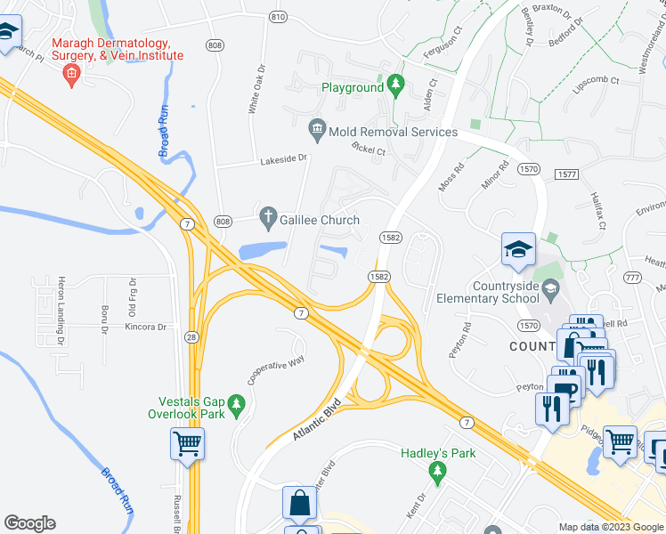 map of restaurants, bars, coffee shops, grocery stores, and more near 45523 Lakemont Square in Sterling