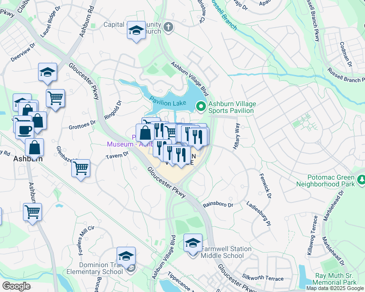 map of restaurants, bars, coffee shops, grocery stores, and more near 44110 Ashburn Shopping Plaza in Ashburn