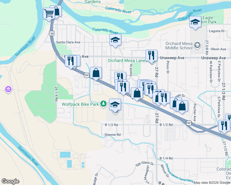 map of restaurants, bars, coffee shops, grocery stores, and more near 2674 U.S. 50 in Grand Junction