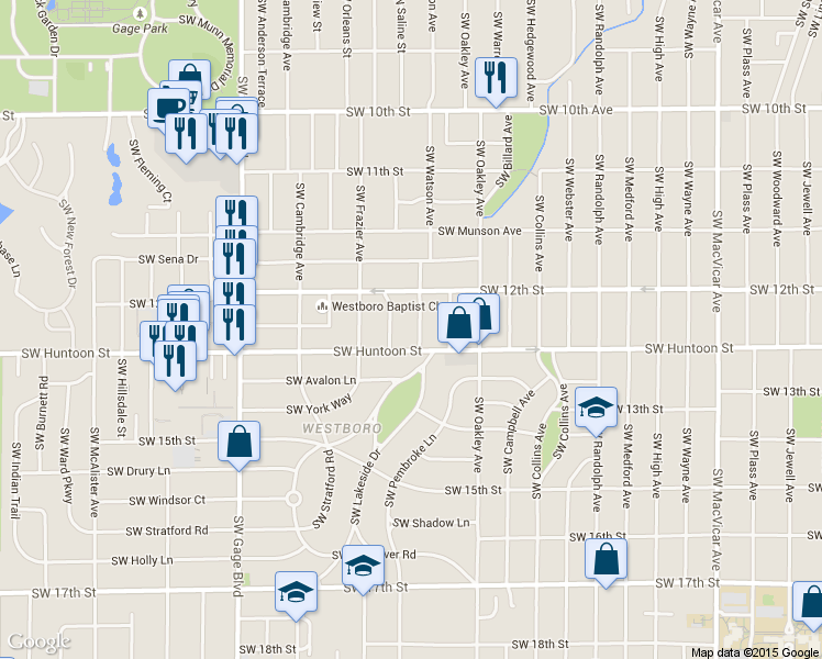map of restaurants, bars, coffee shops, grocery stores, and more near 1225 Southwest Watson Avenue in Topeka