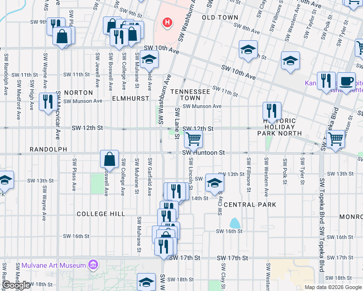 map of restaurants, bars, coffee shops, grocery stores, and more near 1222 Southwest Lane Street in Topeka