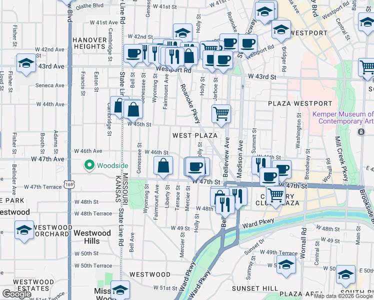 map of restaurants, bars, coffee shops, grocery stores, and more near 4535 Terrace Street in Kansas City