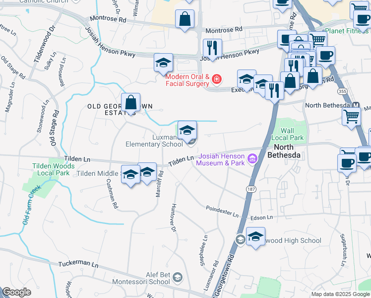 map of restaurants, bars, coffee shops, grocery stores, and more near 6201 Tilden Lane in Rockville