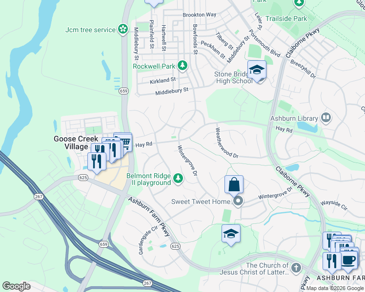 map of restaurants, bars, coffee shops, grocery stores, and more near 42960 Hedgeapple Court in Ashburn