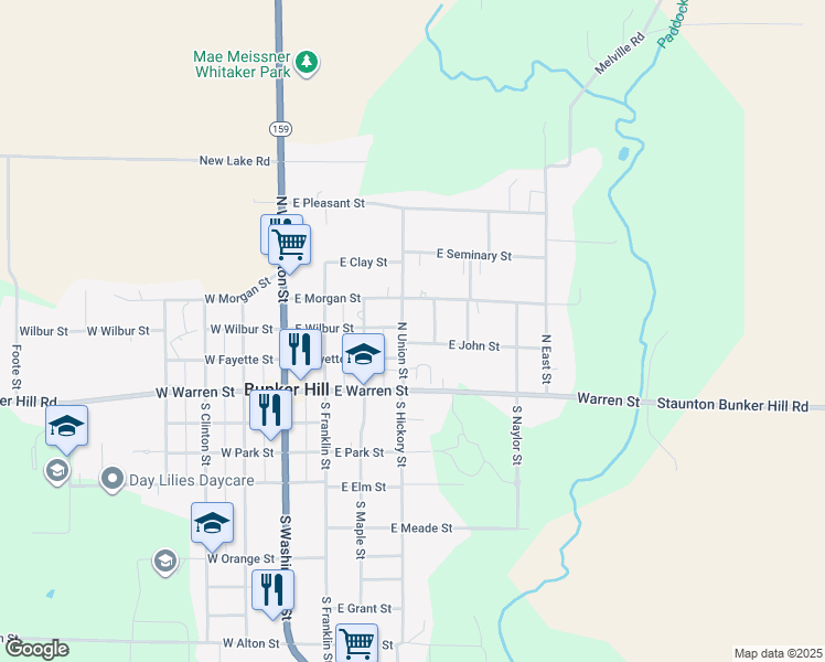 map of restaurants, bars, coffee shops, grocery stores, and more near 210 North Lincoln Street in Bunker Hill
