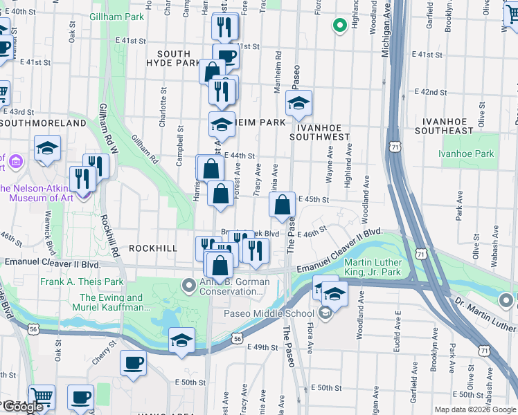 map of restaurants, bars, coffee shops, grocery stores, and more near 1215 East 45th Street in Kansas City