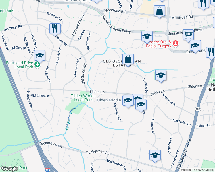 map of restaurants, bars, coffee shops, grocery stores, and more near 11504 West Hill Drive in Rockville