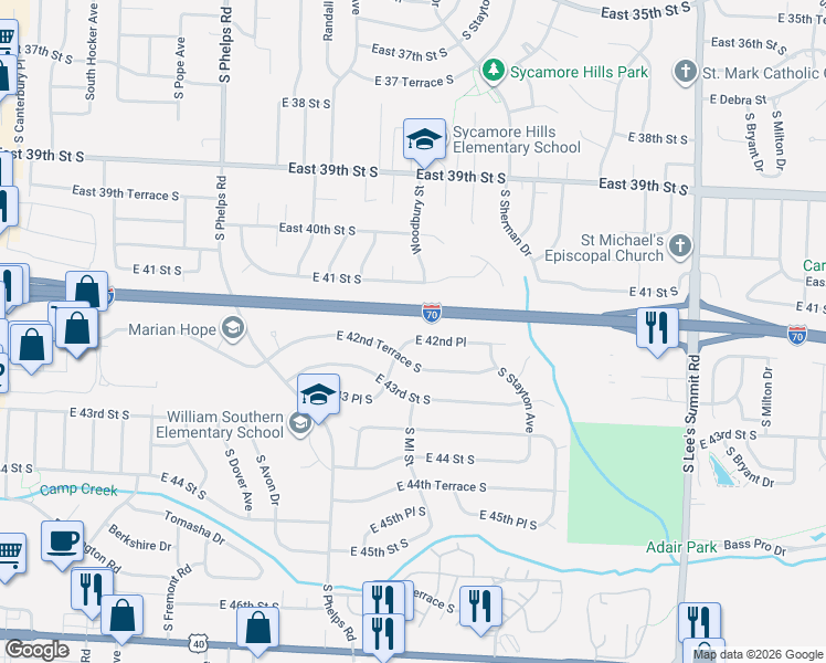 map of restaurants, bars, coffee shops, grocery stores, and more near 15416 East 42nd Place in Independence