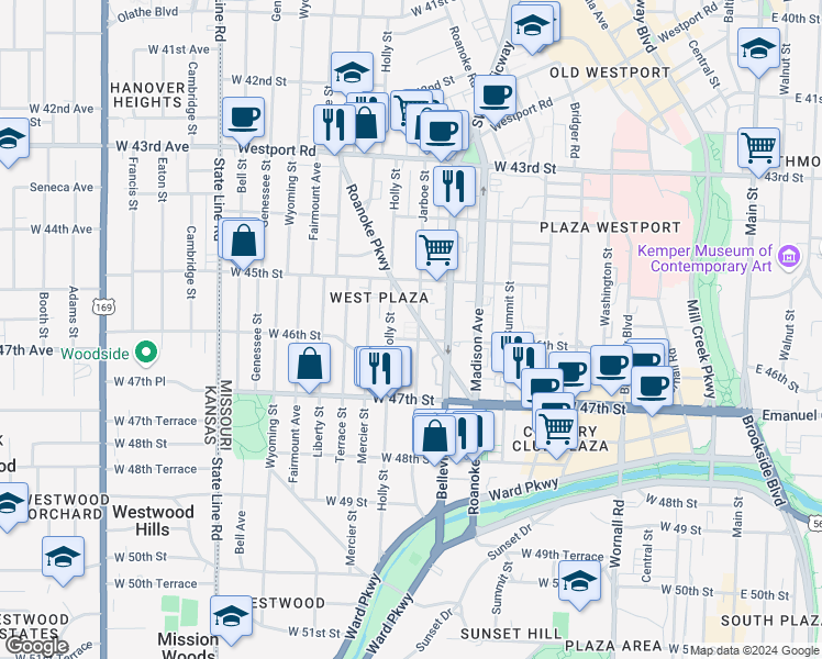 map of restaurants, bars, coffee shops, grocery stores, and more near 4529 Holly Street in Kansas City