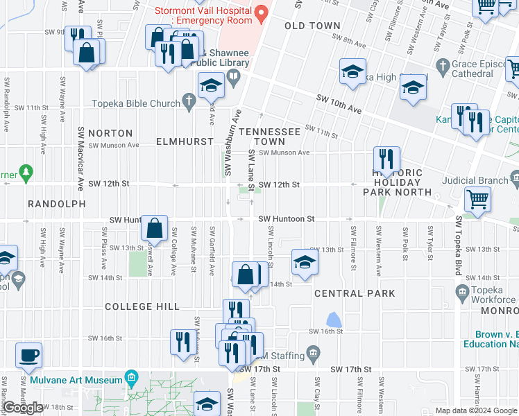 map of restaurants, bars, coffee shops, grocery stores, and more near 1228 Southwest Lane Street in Topeka