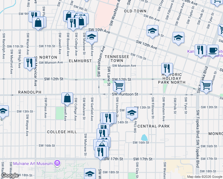 map of restaurants, bars, coffee shops, grocery stores, and more near 1222 Southwest Lane Street in Topeka