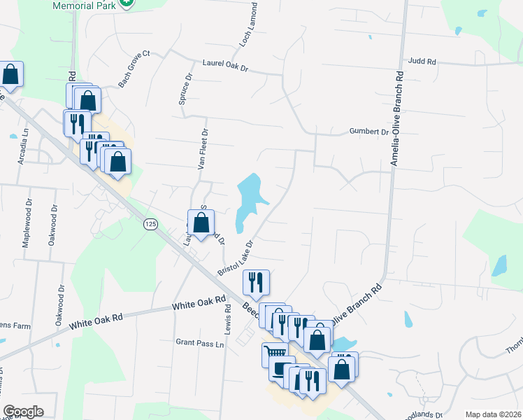 map of restaurants, bars, coffee shops, grocery stores, and more near 3669 Bristol Lake Drive in Amelia