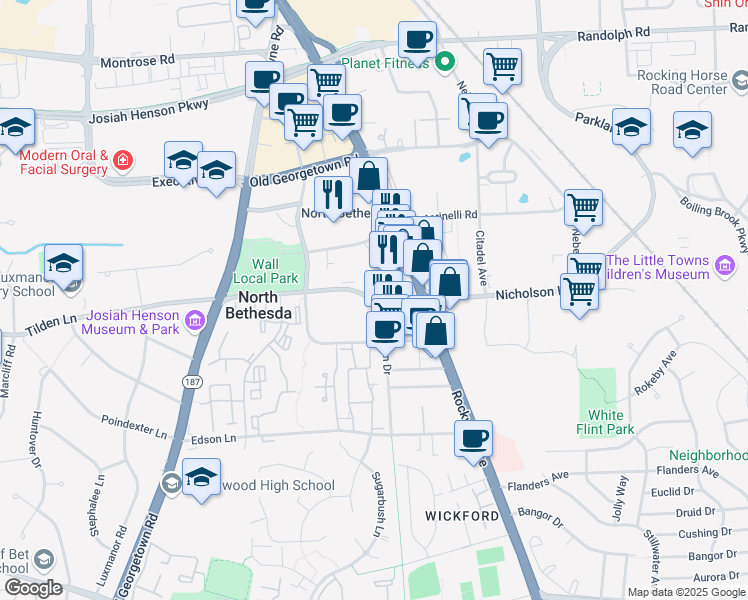 map of restaurants, bars, coffee shops, grocery stores, and more near 5810 Nicholson Lane in North Bethesda