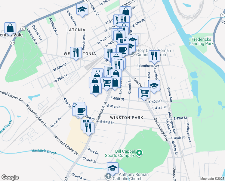 map of restaurants, bars, coffee shops, grocery stores, and more near 5 East 39th Street in Covington