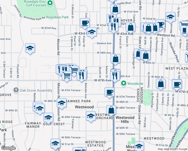 map of restaurants, bars, coffee shops, grocery stores, and more near 2521 West 46th Avenue in Kansas City