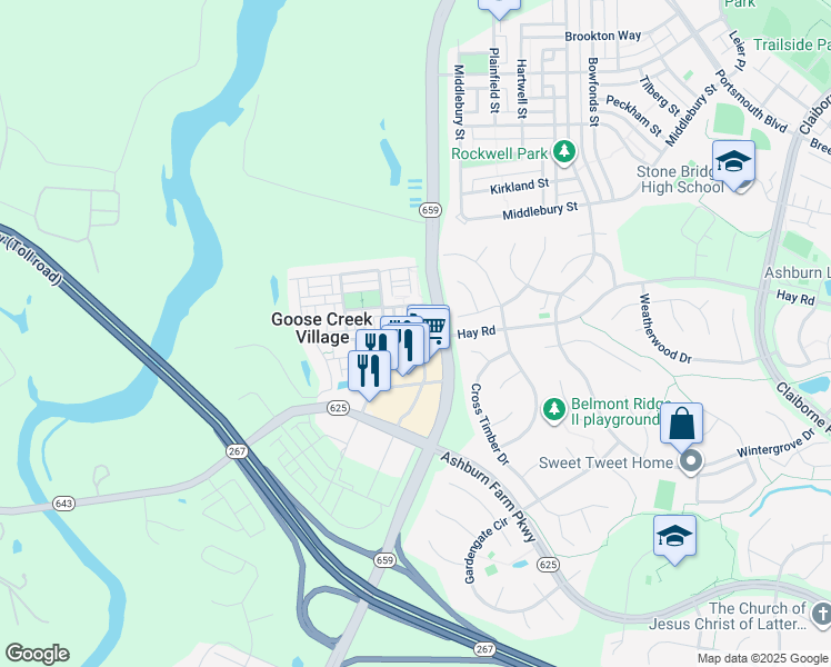 map of restaurants, bars, coffee shops, grocery stores, and more near 42796 Hay Road in Ashburn
