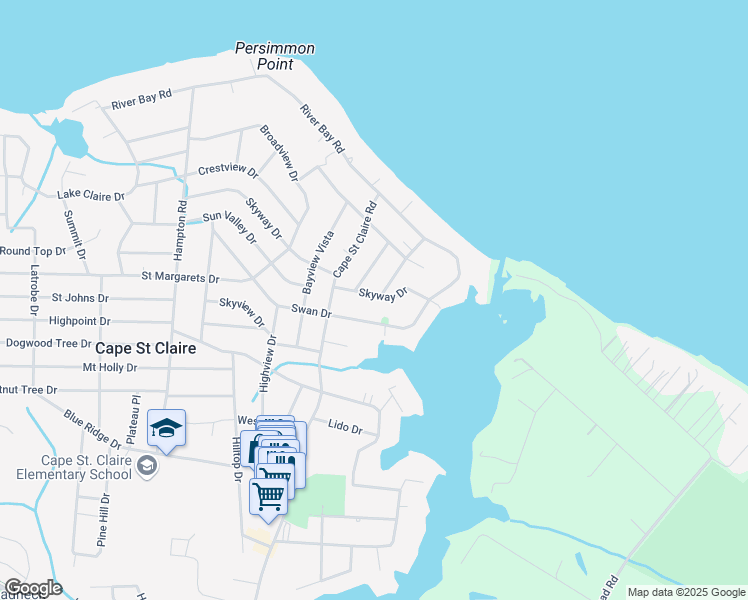 map of restaurants, bars, coffee shops, grocery stores, and more near 1145 Skyway Drive in Annapolis