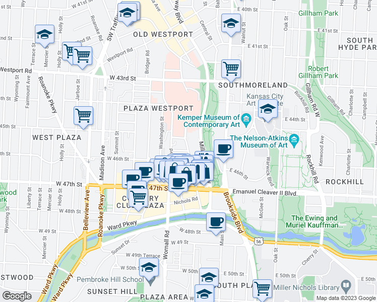 map of restaurants, bars, coffee shops, grocery stores, and more near Wornall Road & West 45th Terrace in Kansas City