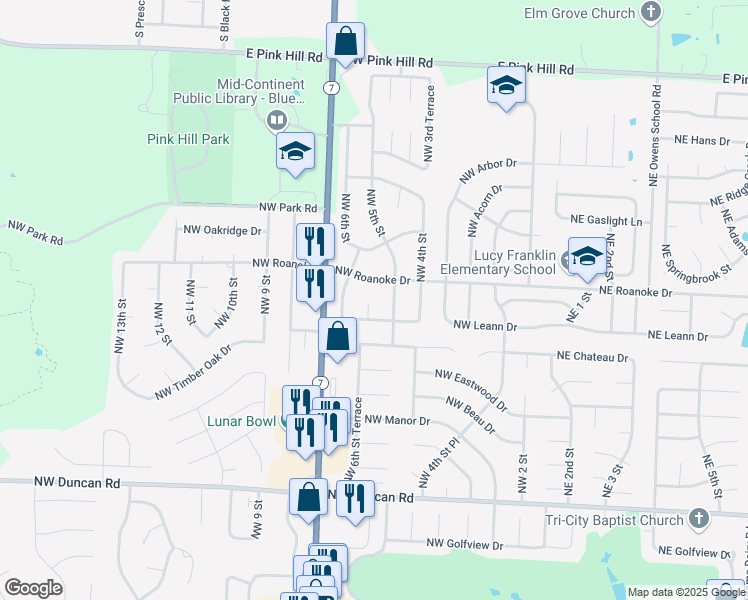 map of restaurants, bars, coffee shops, grocery stores, and more near 2304 Northwest Wedgewood Court in Blue Springs