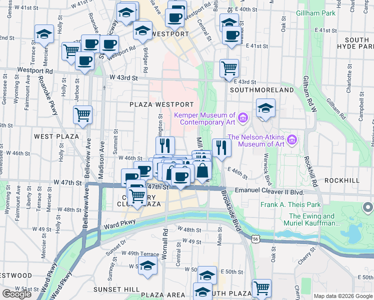 map of restaurants, bars, coffee shops, grocery stores, and more near Wornall Road in Kansas City