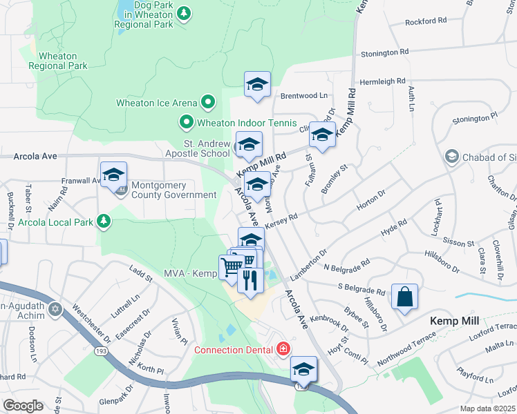 map of restaurants, bars, coffee shops, grocery stores, and more near 1401 Arcola Avenue in Silver Spring