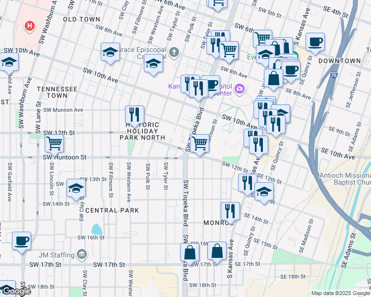 map of restaurants, bars, coffee shops, grocery stores, and more near 598 Southwest 12th Street in Topeka