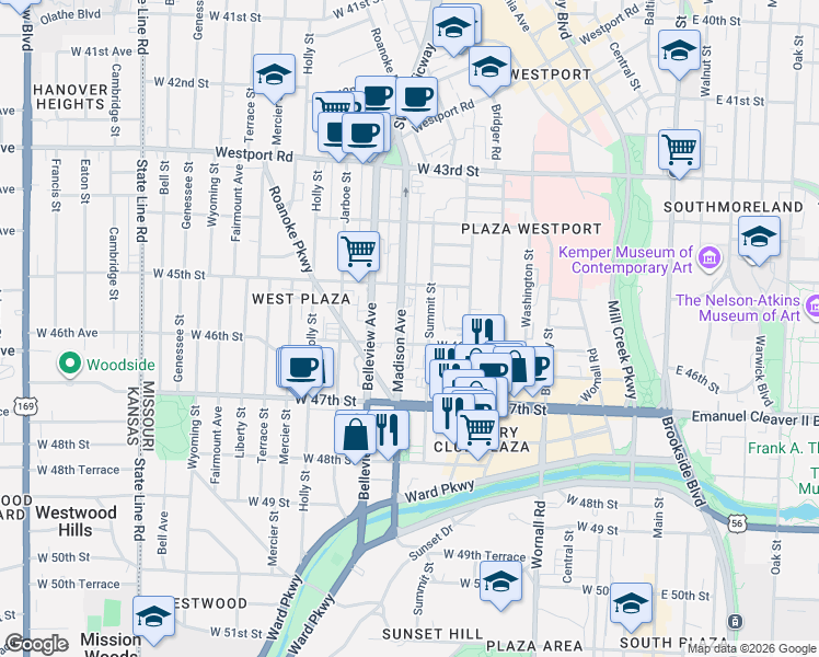 map of restaurants, bars, coffee shops, grocery stores, and more near 4541 Madison Avenue in Kansas City
