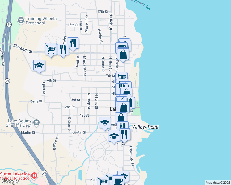 map of restaurants, bars, coffee shops, grocery stores, and more near 220 4th Street in Lakeport