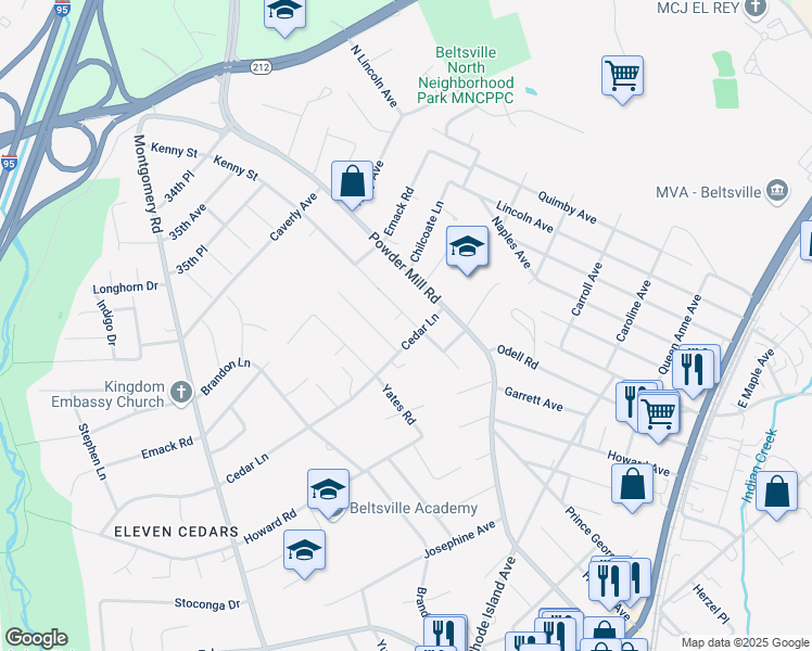map of restaurants, bars, coffee shops, grocery stores, and more near 4521 Greenwood Road in Beltsville