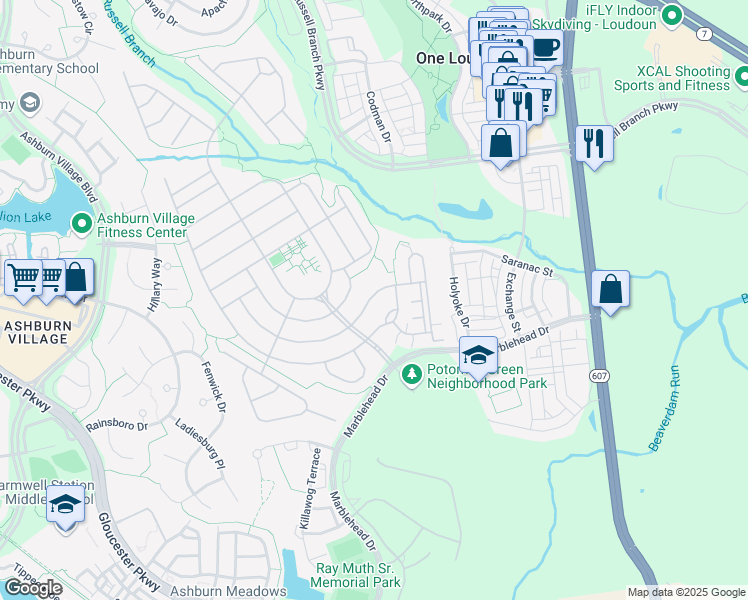 map of restaurants, bars, coffee shops, grocery stores, and more near 20515 Little Creek Terrace in Ashburn