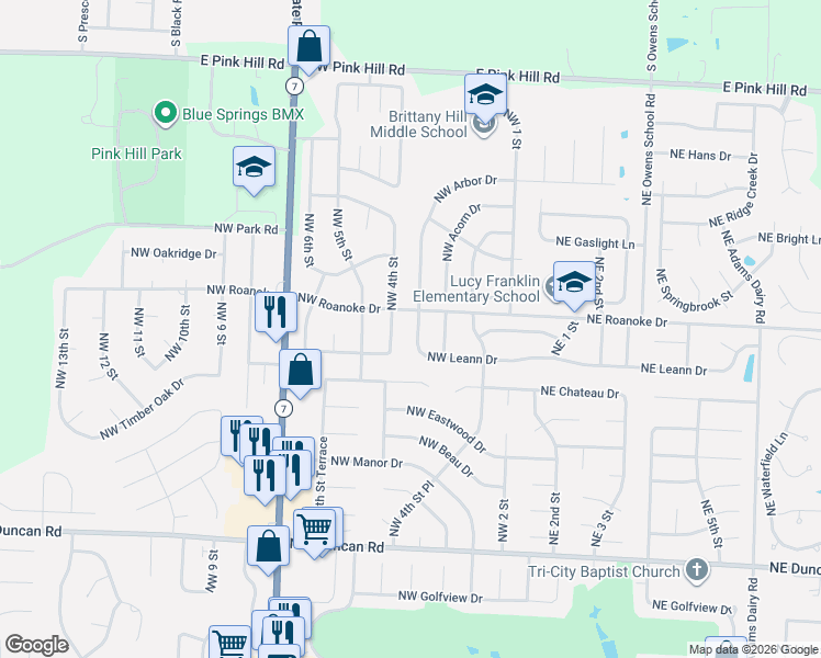 map of restaurants, bars, coffee shops, grocery stores, and more near 2322 Northwest Leann Drive in Blue Springs