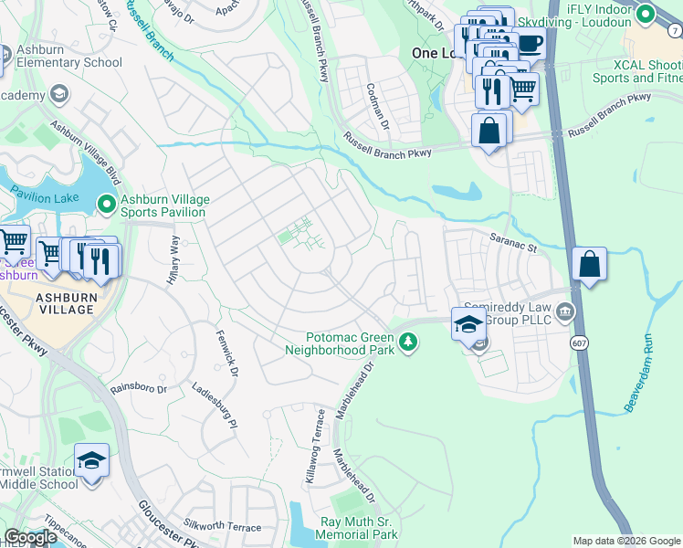map of restaurants, bars, coffee shops, grocery stores, and more near 20686 Golden Ridge Dr in Ashburn