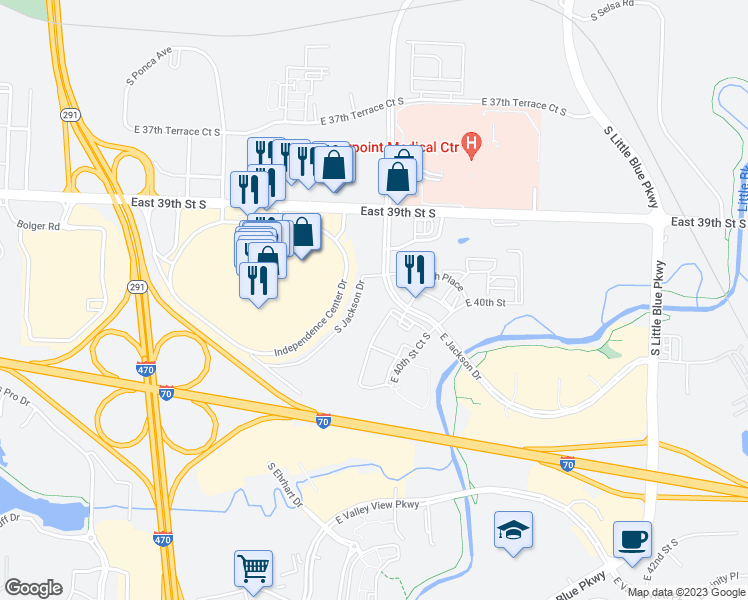 map of restaurants, bars, coffee shops, grocery stores, and more near 4000 South Jackson Drive in Independence