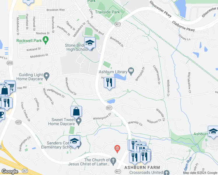 map of restaurants, bars, coffee shops, grocery stores, and more near 20670 Southwind Terrace in Ashburn