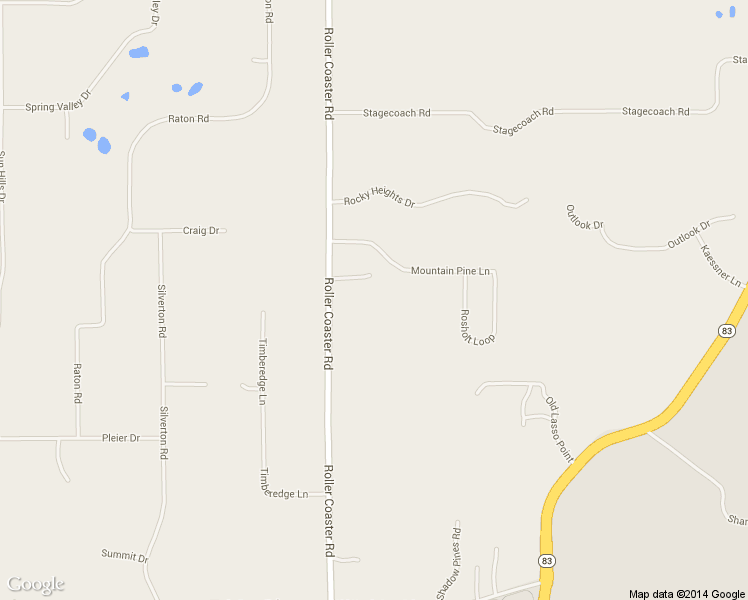 map of restaurants, bars, coffee shops, grocery stores, and more near 14695 Roller Coaster Road in Colorado Springs