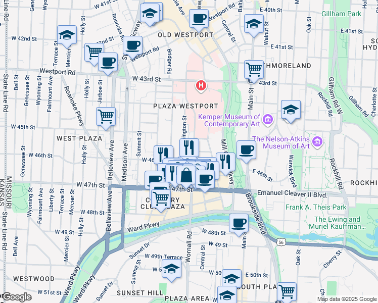 map of restaurants, bars, coffee shops, grocery stores, and more near 4516 Broadway Boulevard in Kansas City