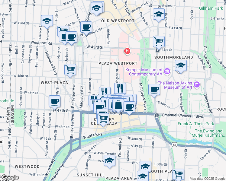 map of restaurants, bars, coffee shops, grocery stores, and more near 4541 Pennsylvania Avenue in Kansas City