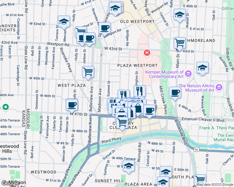 map of restaurants, bars, coffee shops, grocery stores, and more near 4527 Jefferson Street in Kansas City