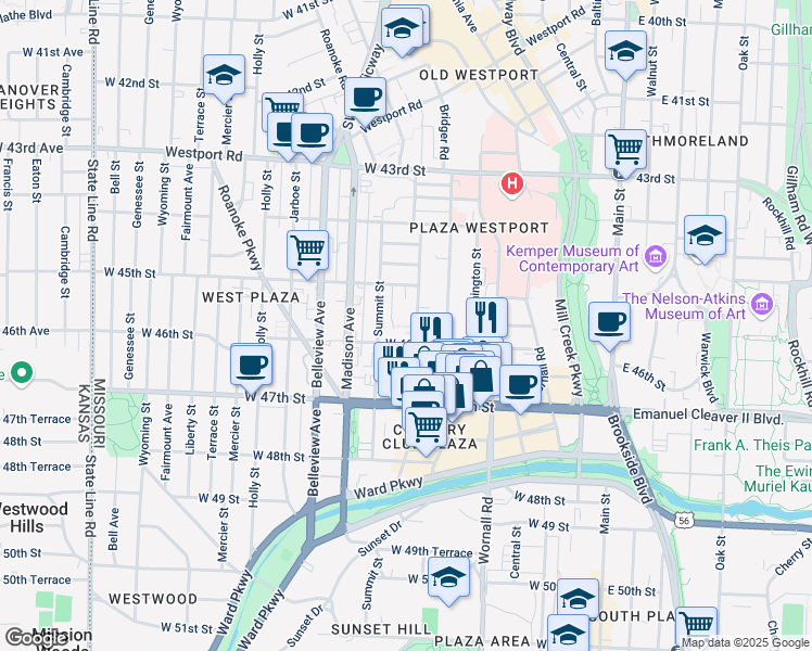 map of restaurants, bars, coffee shops, grocery stores, and more near 4527 Jefferson Street in Kansas City