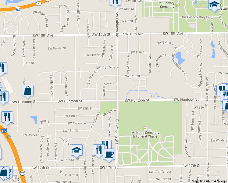 map of restaurants, bars, coffee shops, grocery stores, and more near 5202 Southwest 12th Terrace in Topeka