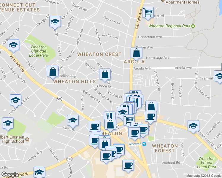 map of restaurants, bars, coffee shops, grocery stores, and more near 2614 Elnora Street in Silver Spring