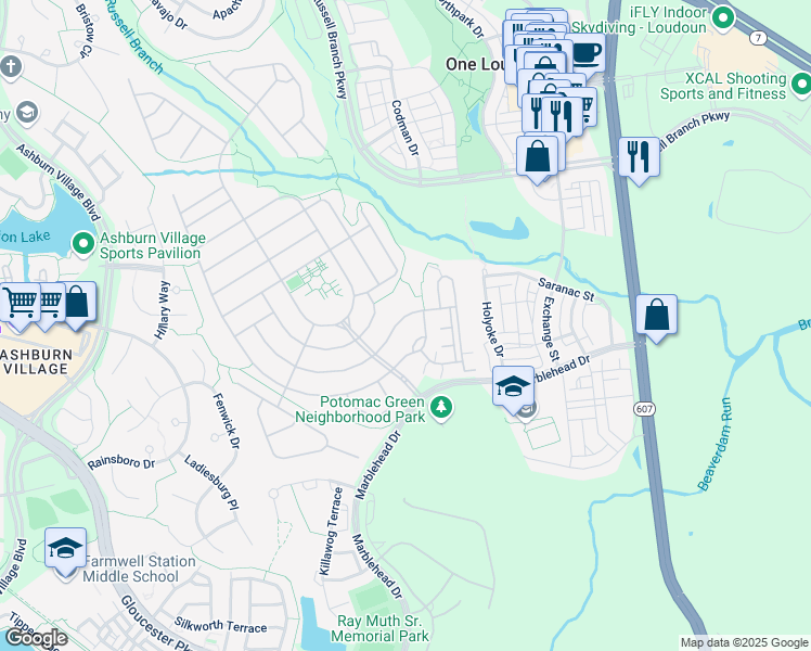 map of restaurants, bars, coffee shops, grocery stores, and more near 44545 Blueridge Meadows Drive in Ashburn