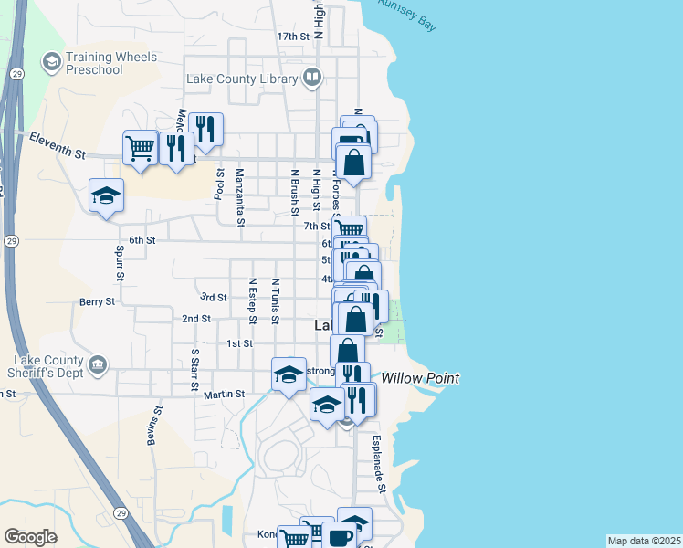map of restaurants, bars, coffee shops, grocery stores, and more near 420 North Forbes Street in Lakeport