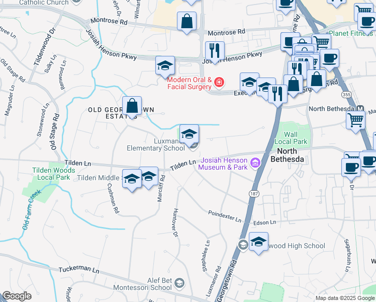 map of restaurants, bars, coffee shops, grocery stores, and more near 6201 Tilden Lane in Rockville