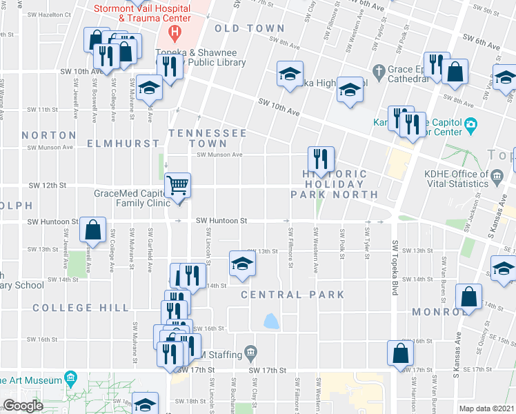 map of restaurants, bars, coffee shops, grocery stores, and more near 1225 Southwest Clay Street in Topeka